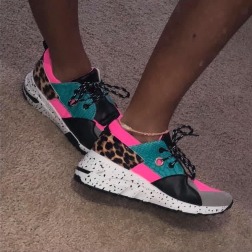 Neon pink + faux cheetah leopard sneakers